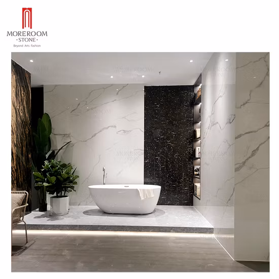 Personalización de muestra, porcelana blanca con apariencia de mármol Calacatta, fondo pulido de cerámica grande, azulejo de piso de pared, piedra sinterizada